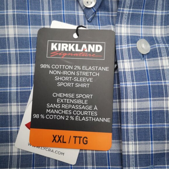 NWT Kirkland Signature Non-Iron Men's Size XXL Blue & White Plaid Stretch Shirt - Picture 5 of 9